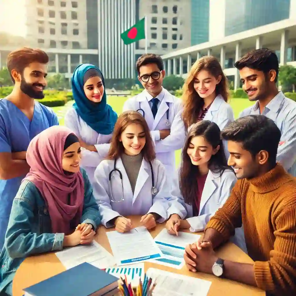 Group of diverse medical professionals around a table with documents.