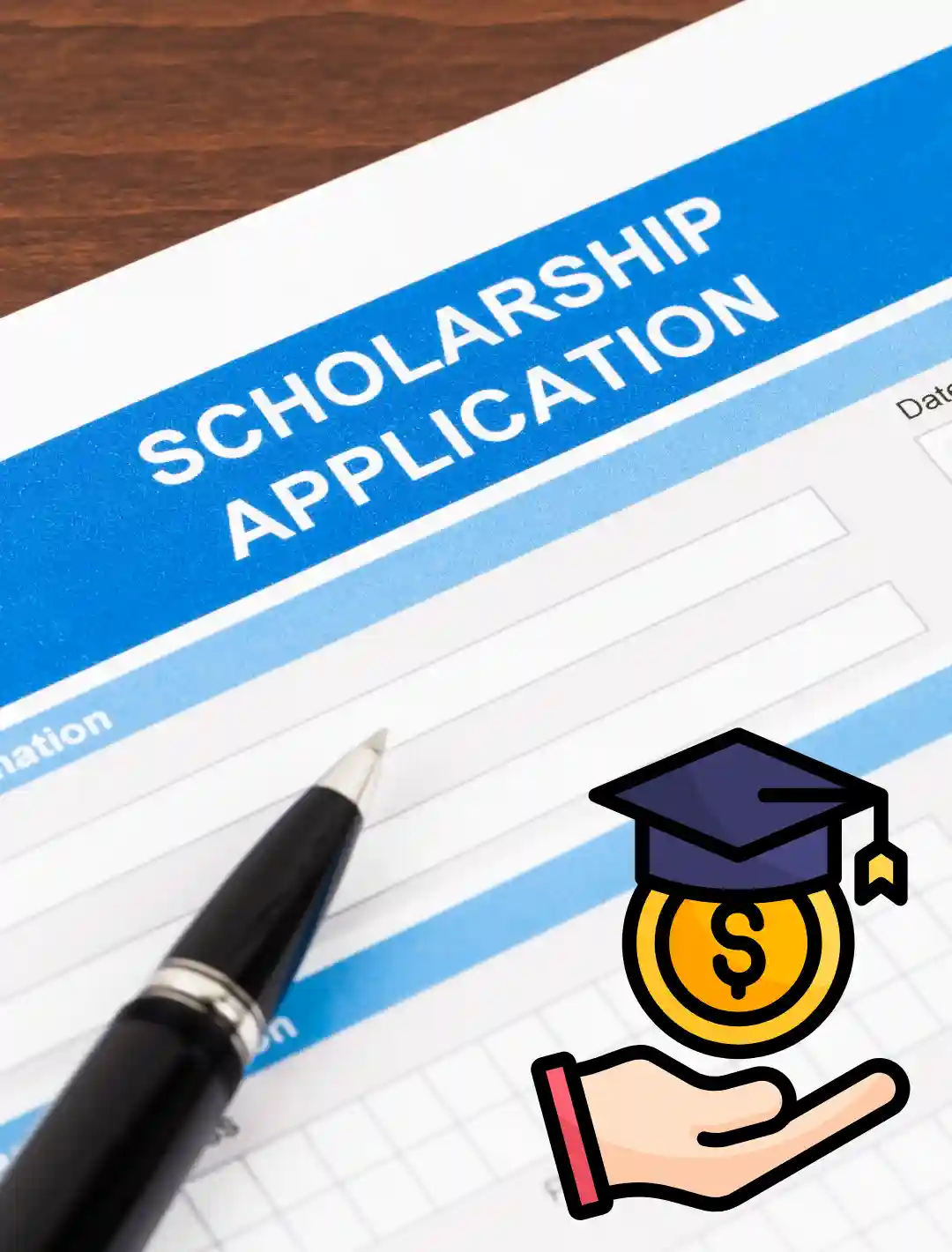 A scholarship application form with a pen on top, alongside a graduation cap and money icon.