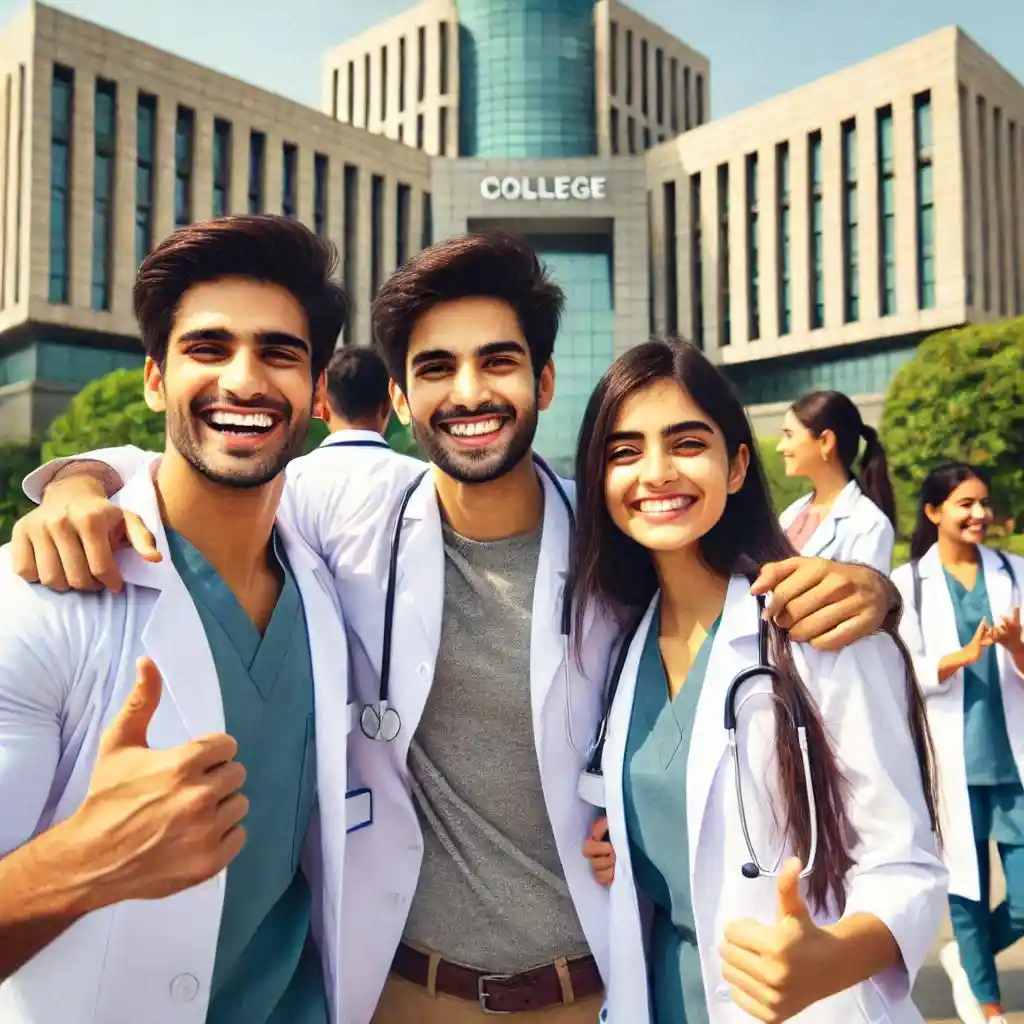 Three medical students in white coats posing in front of their college building.