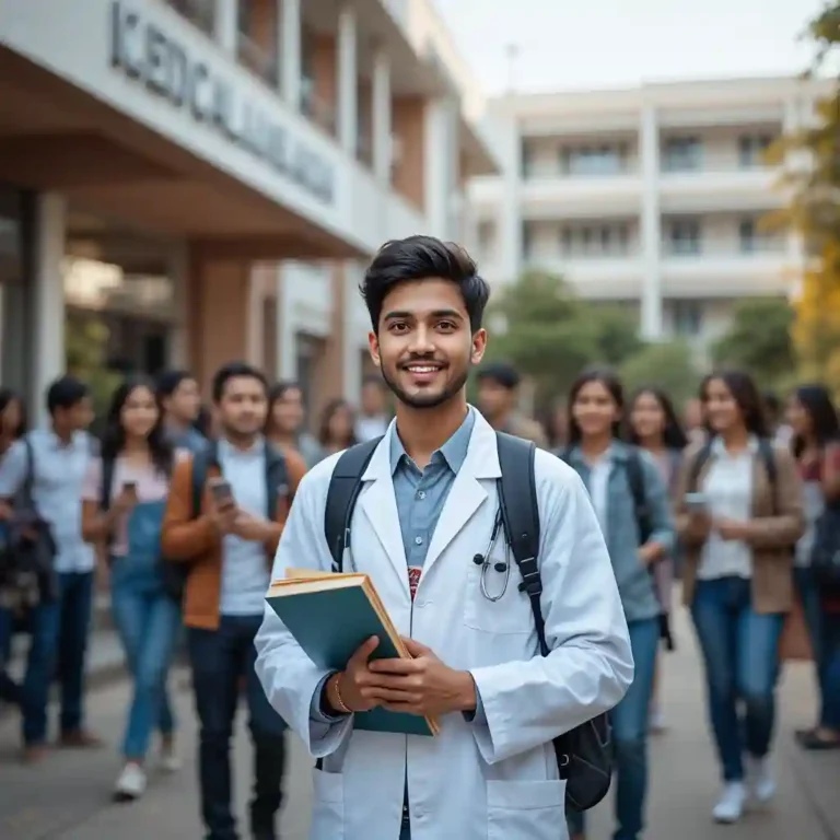 A person in a white lab coat with a stethoscope holding a book stands in front of a blurred crowd.