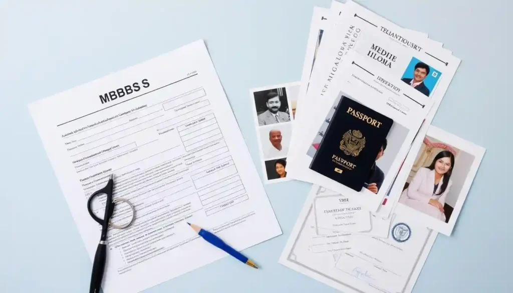 Various documents including a passport, academic certificates, and a pen on a blue surface.