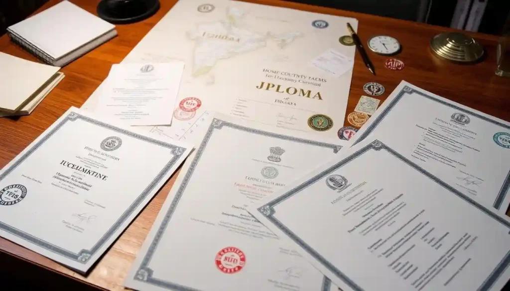 A collection of various academic diplomas and certificates spread out on a wooden desk.