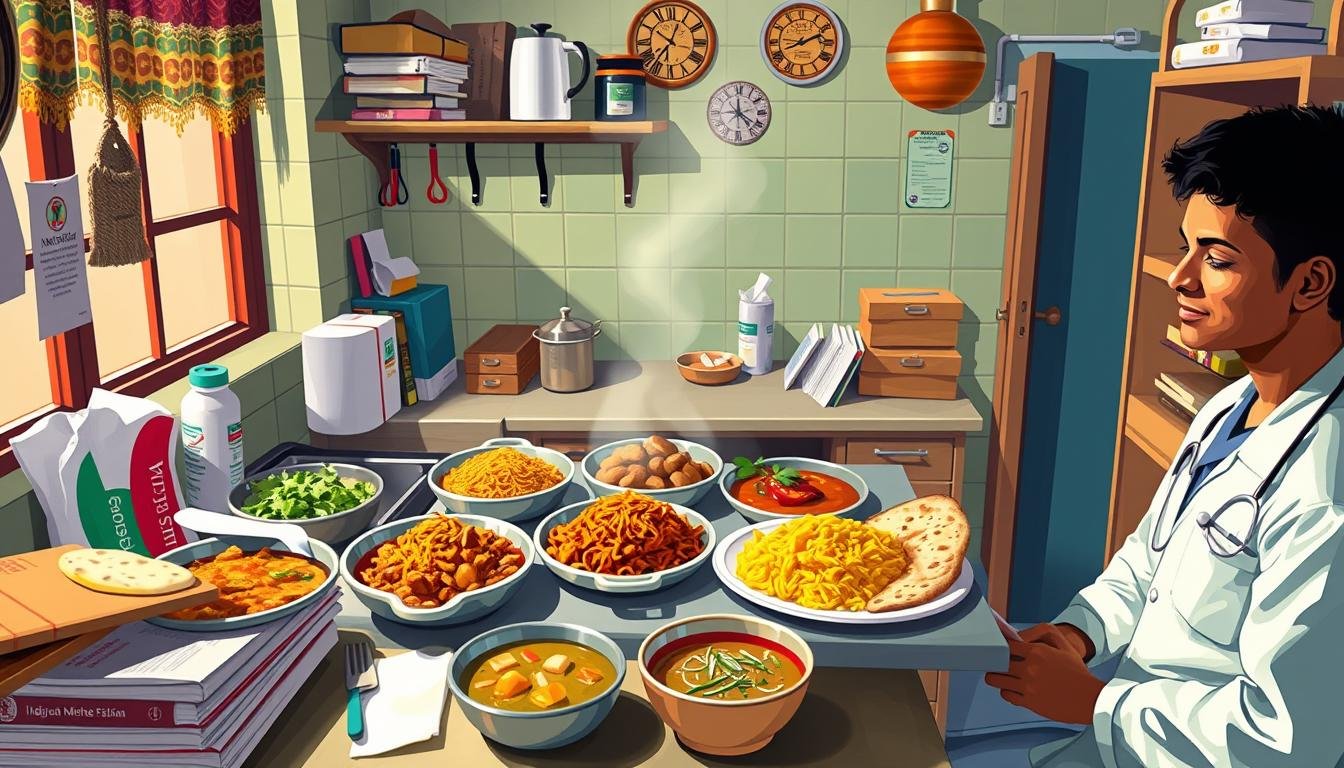 A variety of dishes displayed on a table in a room with kitchen utensils and a clock.