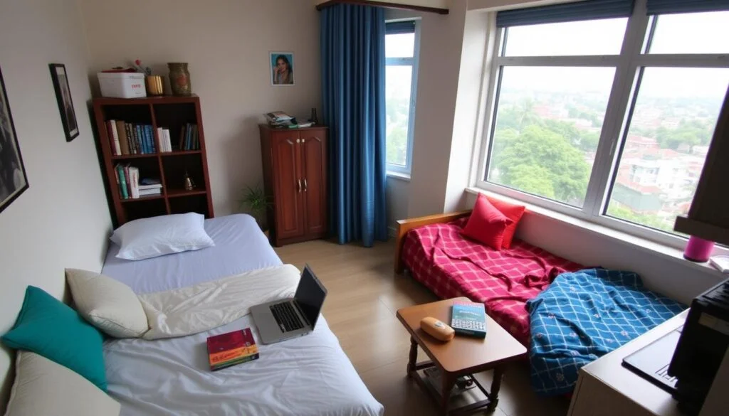 A bright dorm room with two beds, a desk with a laptop, bookshelf, and a large window.