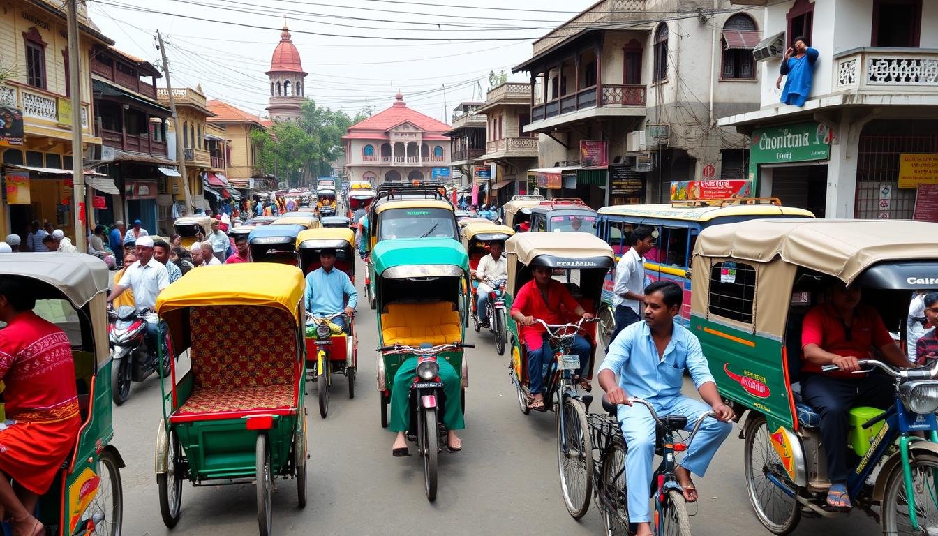 A bustling street scene with colorful cycle rickshaws and motorbikes in an urban setting.