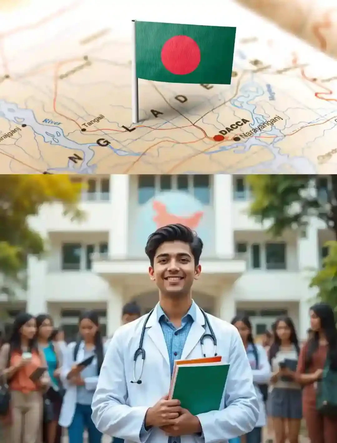 A Bangladesh flag on a map and a person in a lab coat holding a book with others in the background.